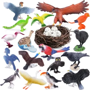 SIENON 23Pcs Bird Figurines Set, Assorted Bird Wildlife School Project with Nest, Raven, Kiwi Bird, Ostrich, Macaw, Golden Eagle Toy Figures for Kids Educational Birthday Cake Décor Garden Accessories