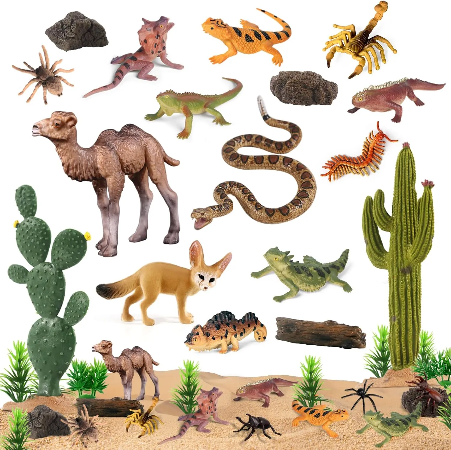 SIENON 32Pcs Desert Animal Figurines Set Model Trees Cactus Kit Desert Diorama Project with Camel Fennec Fox Rattlesnake Scorpion Lizard Reptile Toy Playset for Kids Birthday Cake Toppers Party Décor