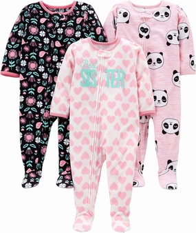 Simple Joys by Carter's Toddlers and Baby Girls' Loose-Fit Flame Resistant Fleece Footed Pajamas, Pack of 3