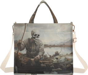 Skeleton Trout Fishing Corduroy Tote Bag for Women Large Shoulder Bag with Pockets for Beach Work Travel Shopping S