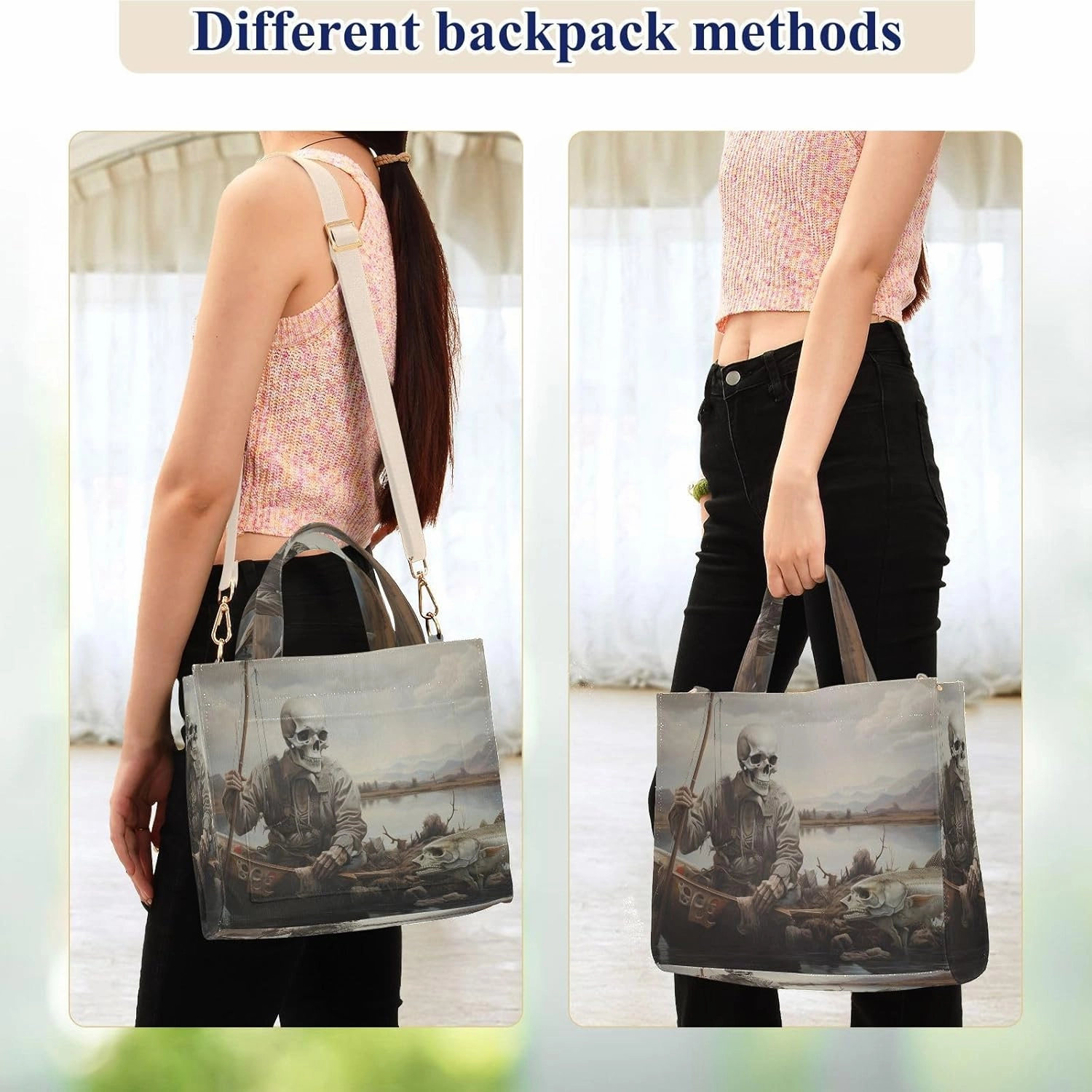Skeleton Trout Fishing Corduroy Tote Bag for Women Large Shoulder Bag with Pockets for Beach Work Travel Shopping S