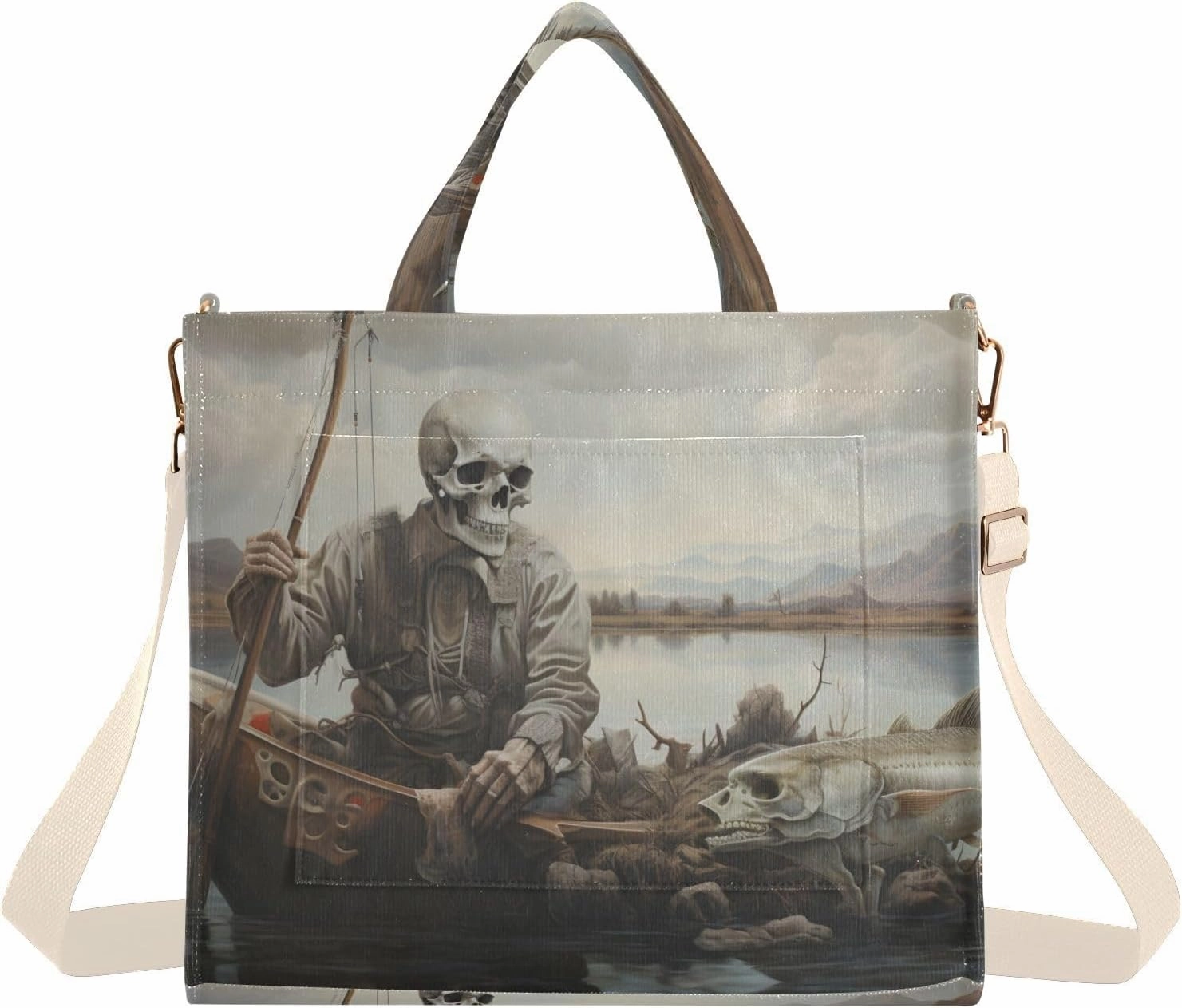 Skeleton Trout Fishing Corduroy Tote Bag for Women Large Shoulder Bag with Pockets for Beach Work Travel Shopping S