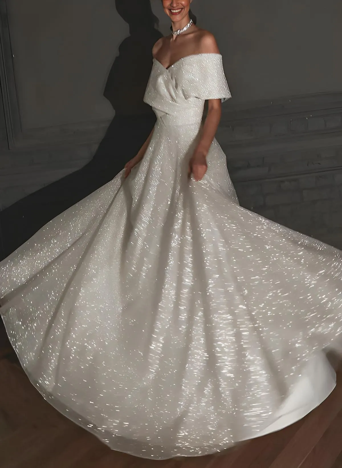 Sleeveless Sweep Train Sequined Wedding Dress