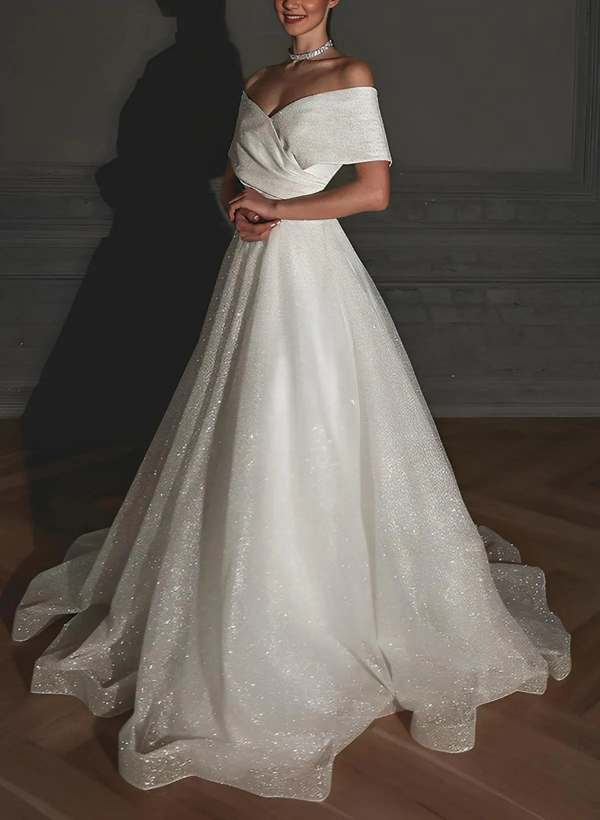 Sleeveless Sweep Train Sequined Wedding Dress