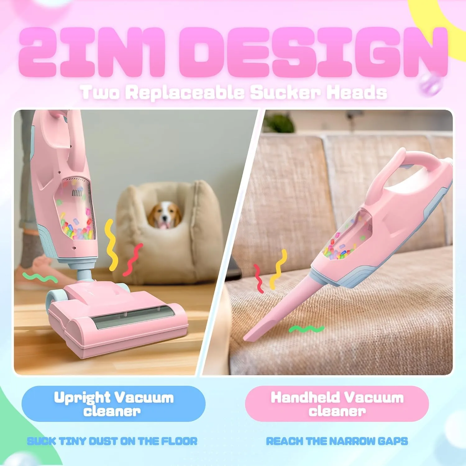 SMILESSKIDDO Kids Vacuum That Really Works - Toddler Toy Vacuum with 2 Nozzles, Sound and Ball Popping Action, Housekeeping Toys for Children Boys & Girls (Pink)