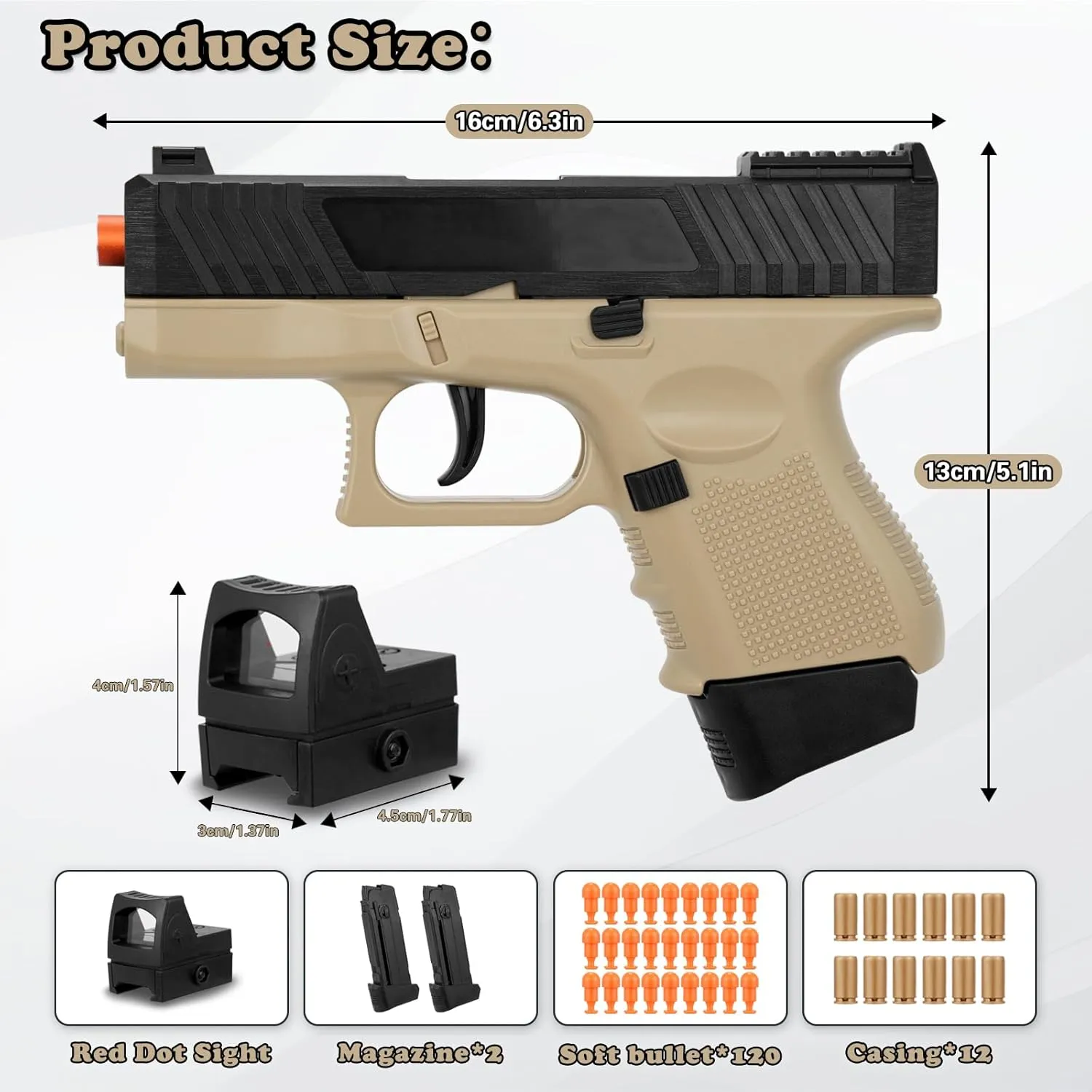 Soft Bullet Gun with Ejecting Shells, Realistic Toy Pistol for Boys, Tactical Toy Pistol with Scope, Birthday Gifts for Boys Girls Age 8  (Sand)