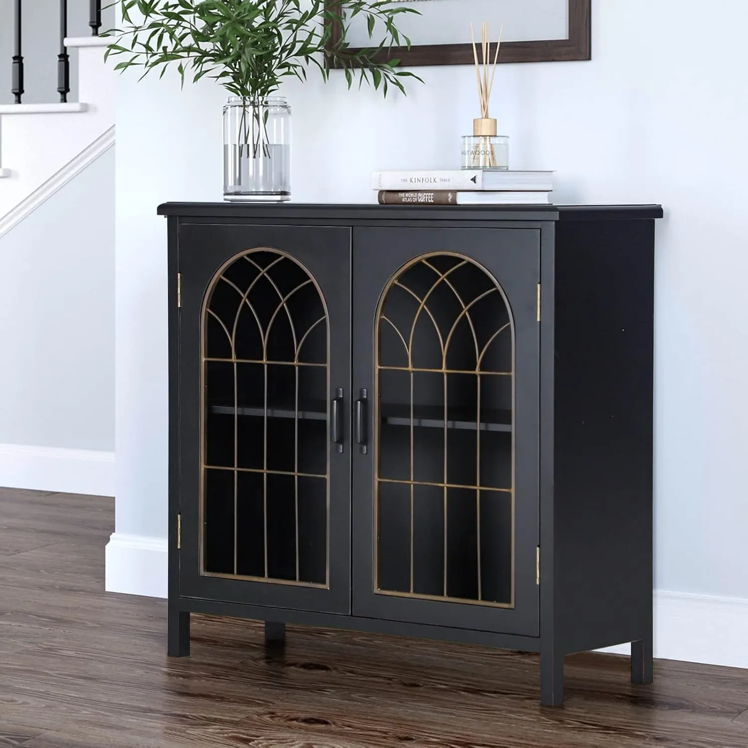 Sophia & William Accent Cabinet with 2 Doors Distressed Storage Cabinet Display Cabinet with Metal Church Window Door for Entryway Living Room