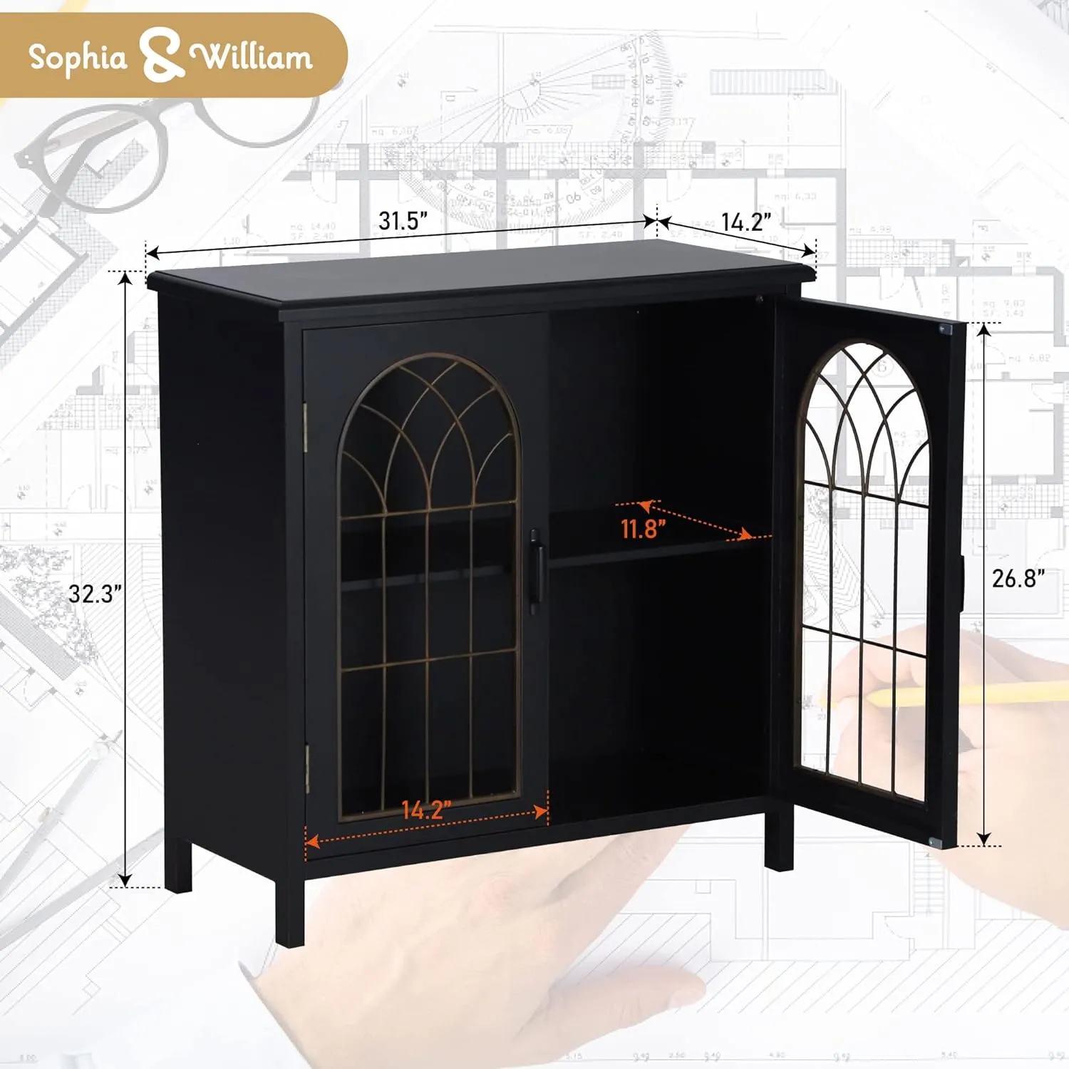 Sophia & William Accent Cabinet with 2 Doors Distressed Storage Cabinet Display Cabinet with Metal Church Window Door for Entryway Living Room