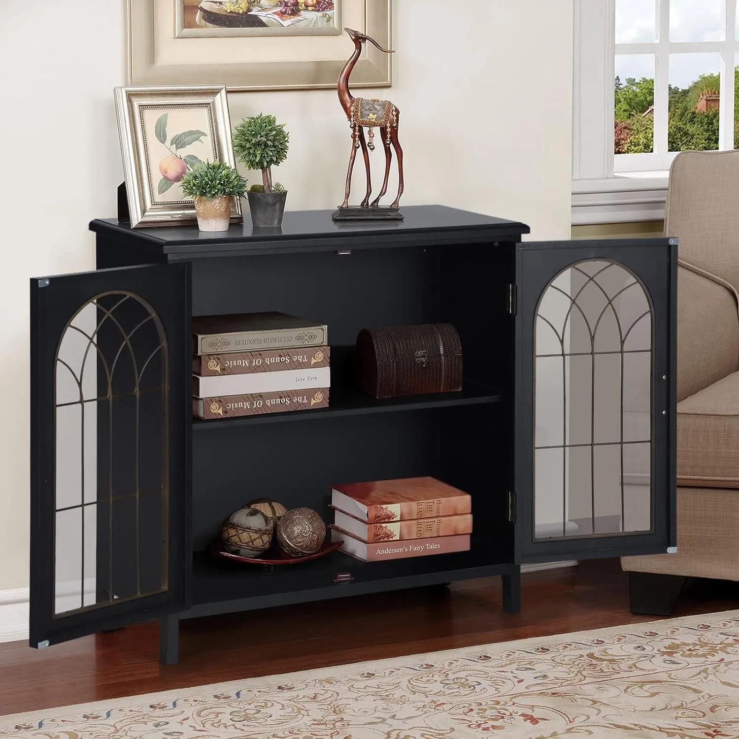 Sophia & William Accent Cabinet with 2 Doors Distressed Storage Cabinet Display Cabinet with Metal Church Window Door for Entryway Living Room