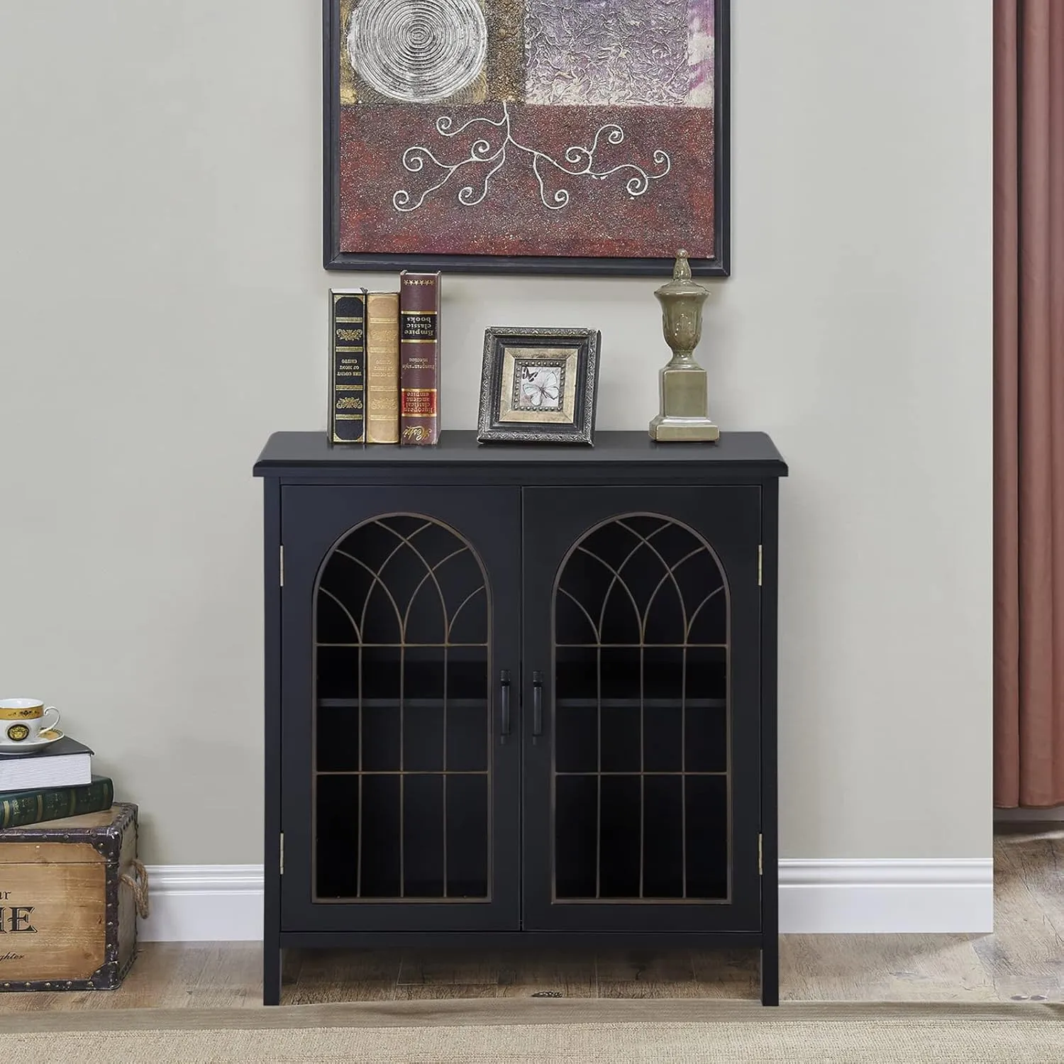 Sophia & William Accent Cabinet with 2 Doors Distressed Storage Cabinet Display Cabinet with Metal Church Window Door for Entryway Living Room