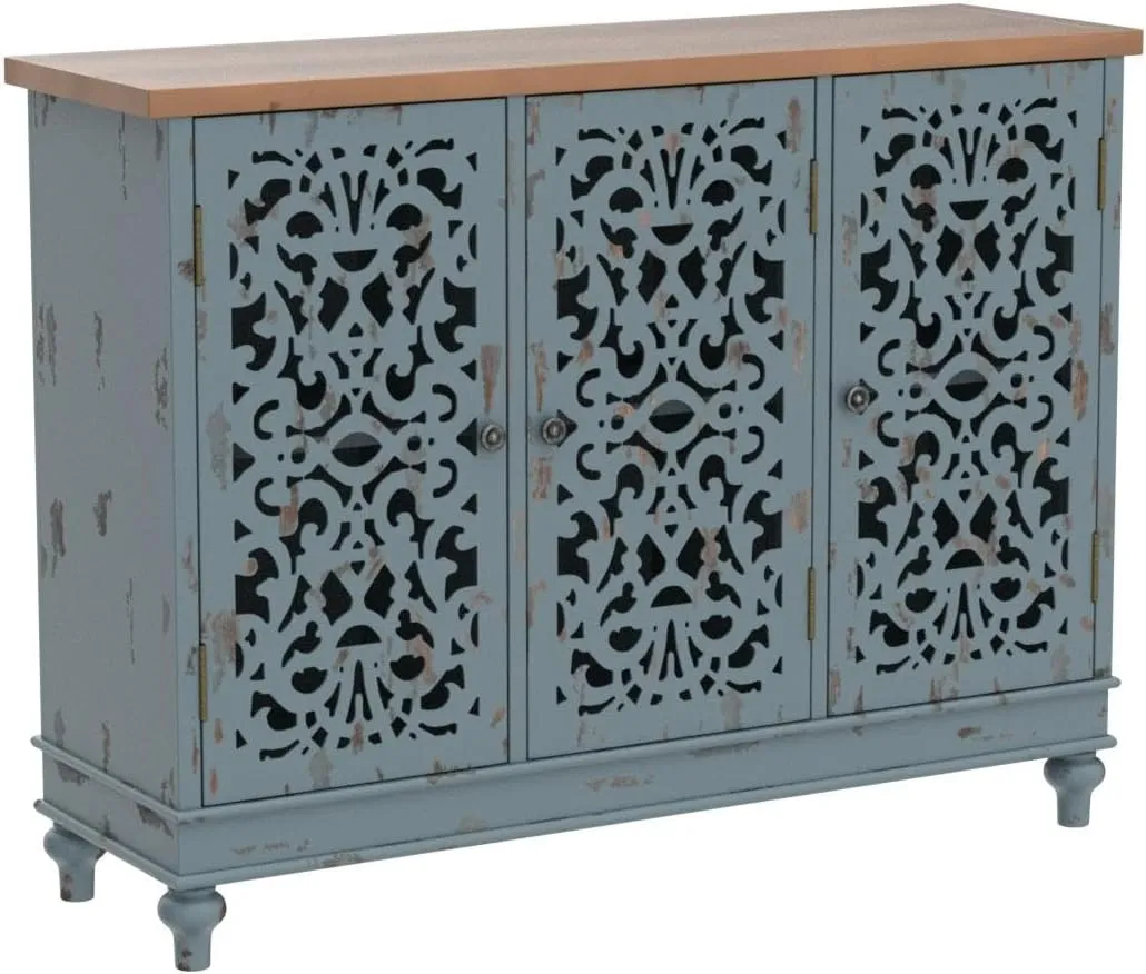 Sophia & William Sideboard Buffet Credenza Cabinet, 3-Door Hollow-Carved Accent Cabinet, Distressed Sideboard Storage Cabinet with Wood Veneer for Kitchen, Living Room, Dining Room, Entryway, Blue