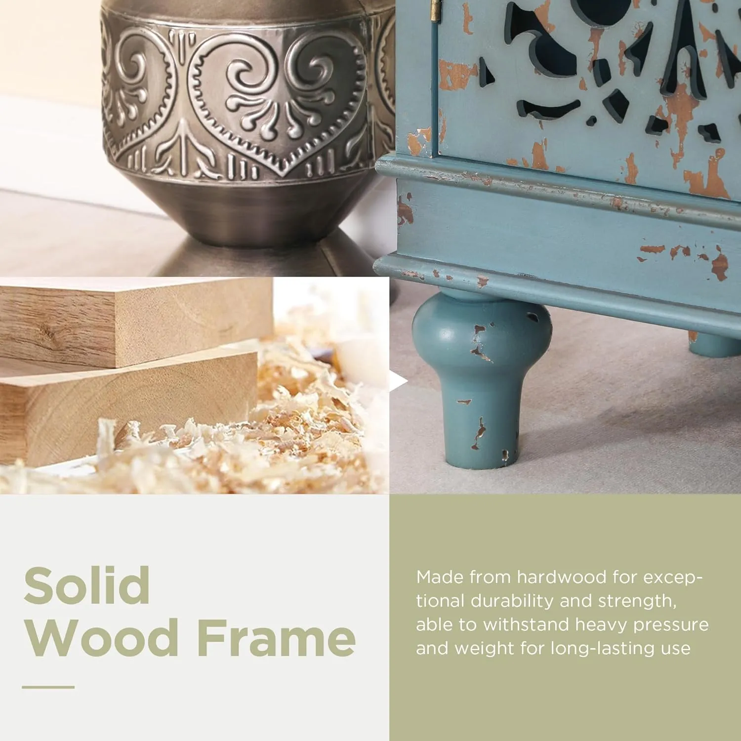 Sophia & William Sideboard Buffet Credenza Cabinet, 3-Door Hollow-Carved Accent Cabinet, Distressed Sideboard Storage Cabinet with Wood Veneer for Kitchen, Living Room, Dining Room, Entryway, Blue