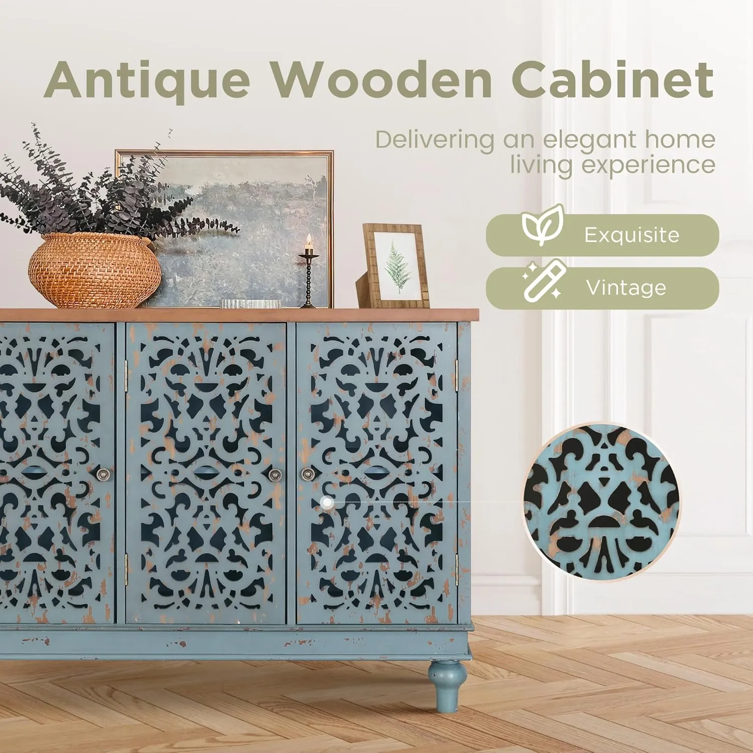 Sophia & William Sideboard Buffet Credenza Cabinet, 3-Door Hollow-Carved Accent Cabinet, Distressed Sideboard Storage Cabinet with Wood Veneer for Kitchen, Living Room, Dining Room, Entryway, Blue