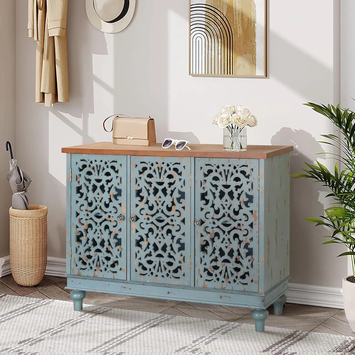 Sophia & William Sideboard Buffet Credenza Cabinet, 3-Door Hollow-Carved Accent Cabinet, Distressed Sideboard Storage Cabinet with Wood Veneer for Kitchen, Living Room, Dining Room, Entryway, Blue