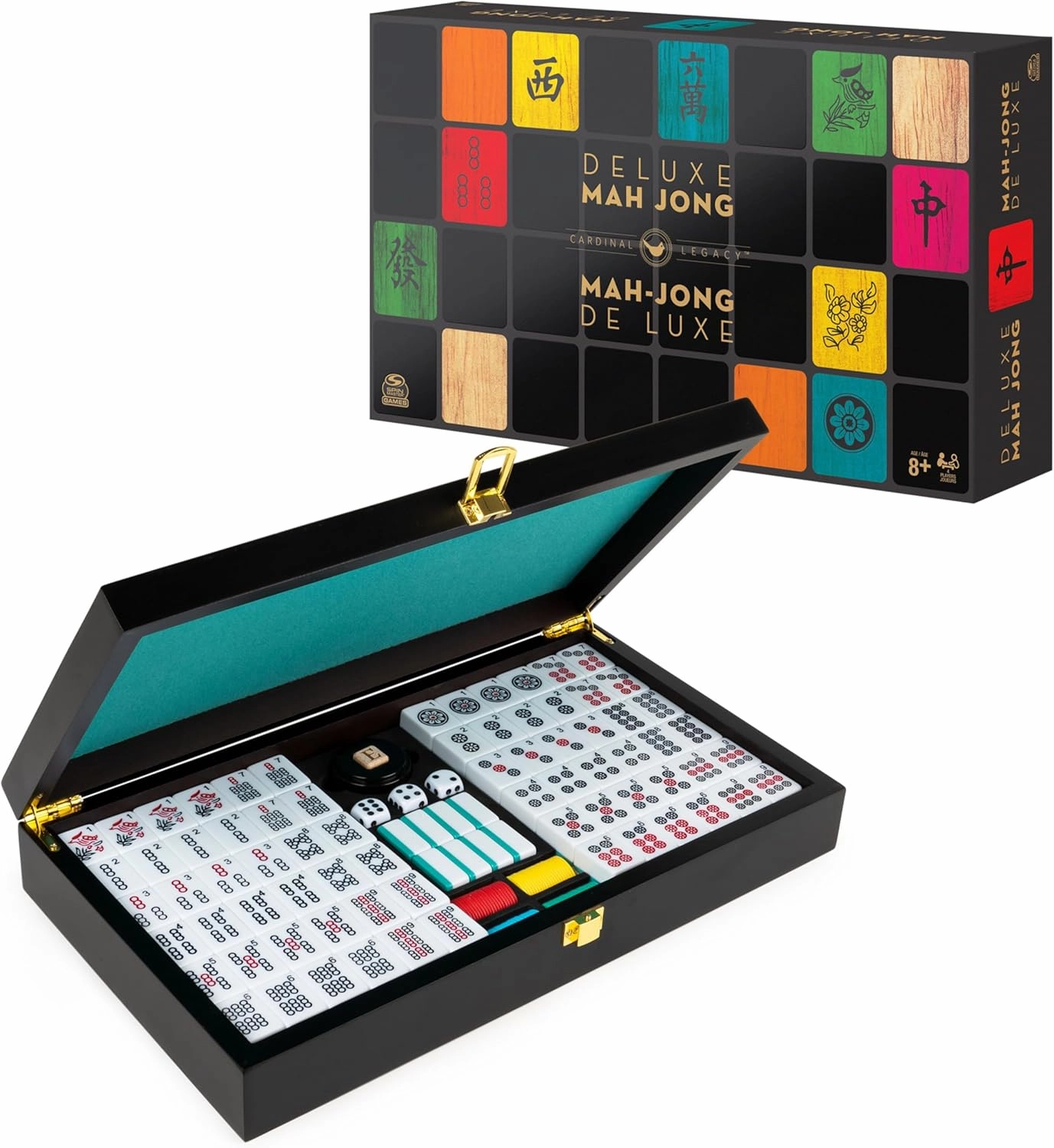Spin Master Games Legacy Deluxe Mah Jong Classic Game with Two-Toned Tiles and Lined Wood Storage Case, Family Game for 4 Players Ages 8 and up