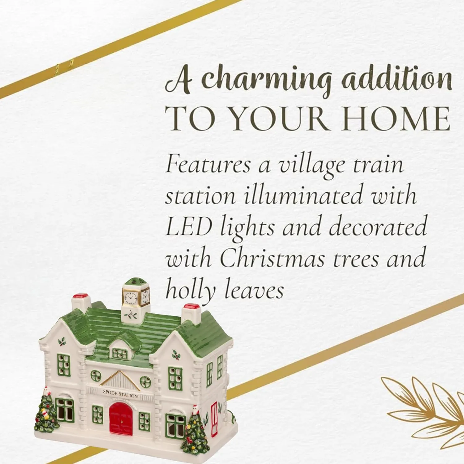 Spode Dolomite Christmas Collectible - Ceramic LED Lighted Miniature Christmas Village Set with Figural Decoration - Indoor Display