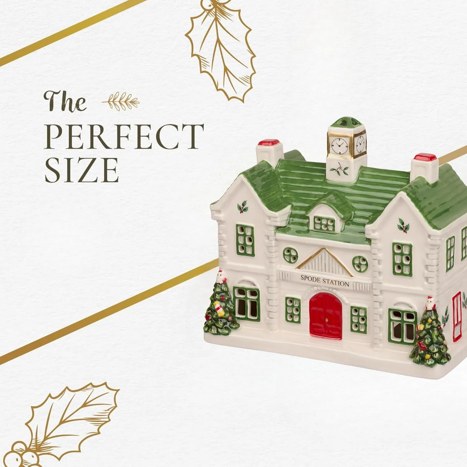 Spode Dolomite Christmas Collectible - Ceramic LED Lighted Miniature Christmas Village Set with Figural Decoration - Indoor Display