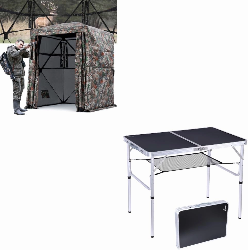 Sportneer Camping Table & Hunting Blind, Adjustable Height Small Folding Table with Mesh Layer, 80" Tall 270 Degree See Through Ground Blind for Deer Hunting