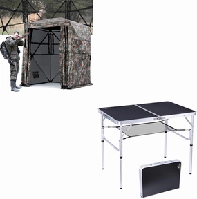 Sportneer Camping Table & Hunting Blind, Adjustable Height Small Folding Table with Mesh Layer, 80" Tall 270 Degree See Through Ground Blind for Deer Hunting