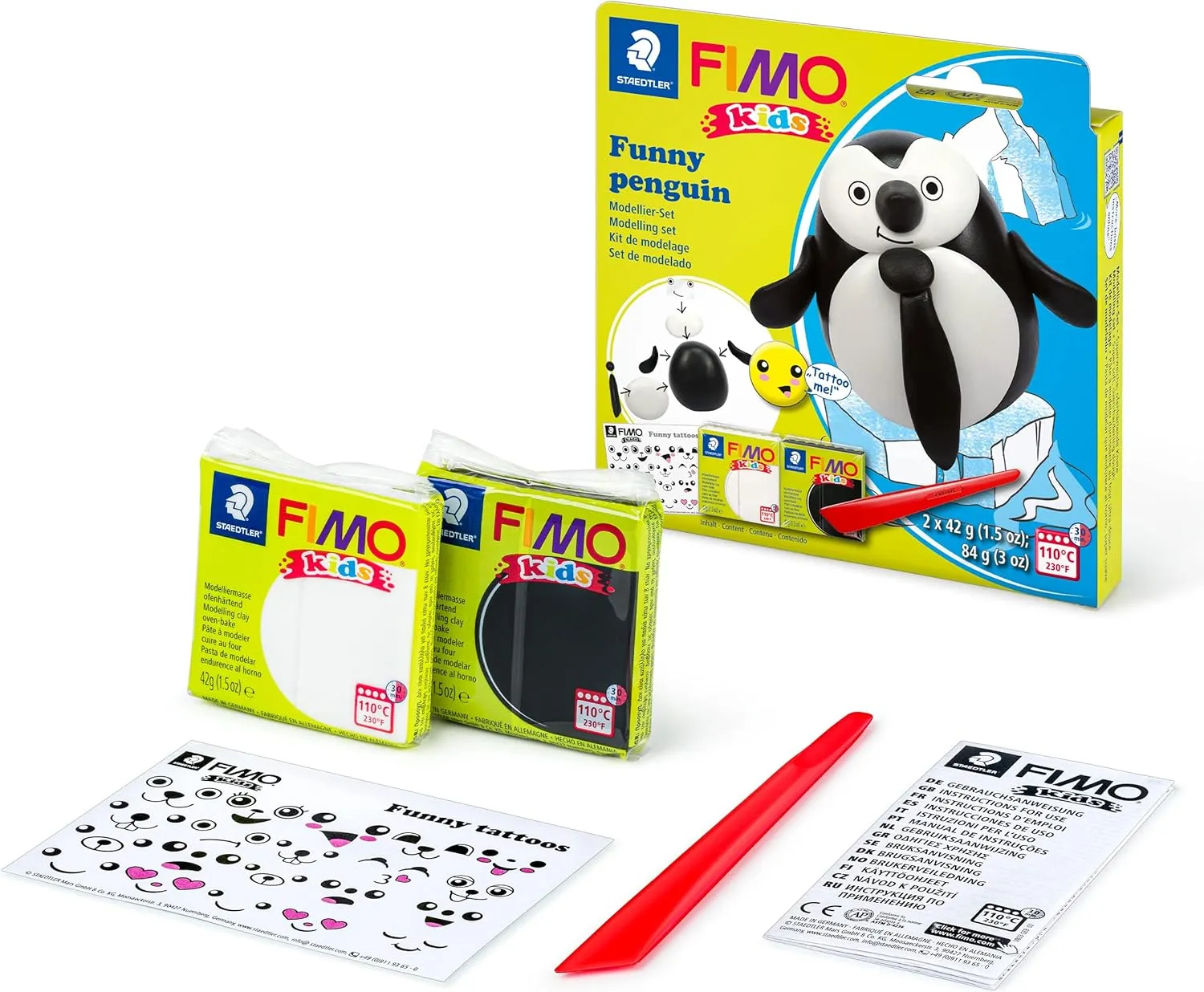 STAEDTLER 8035 18 FIMO Kids Modelling Clay Set - Funny Penguin (Pack of 2 FIMO Kids Blocks, Stickers & Modelling Tools)