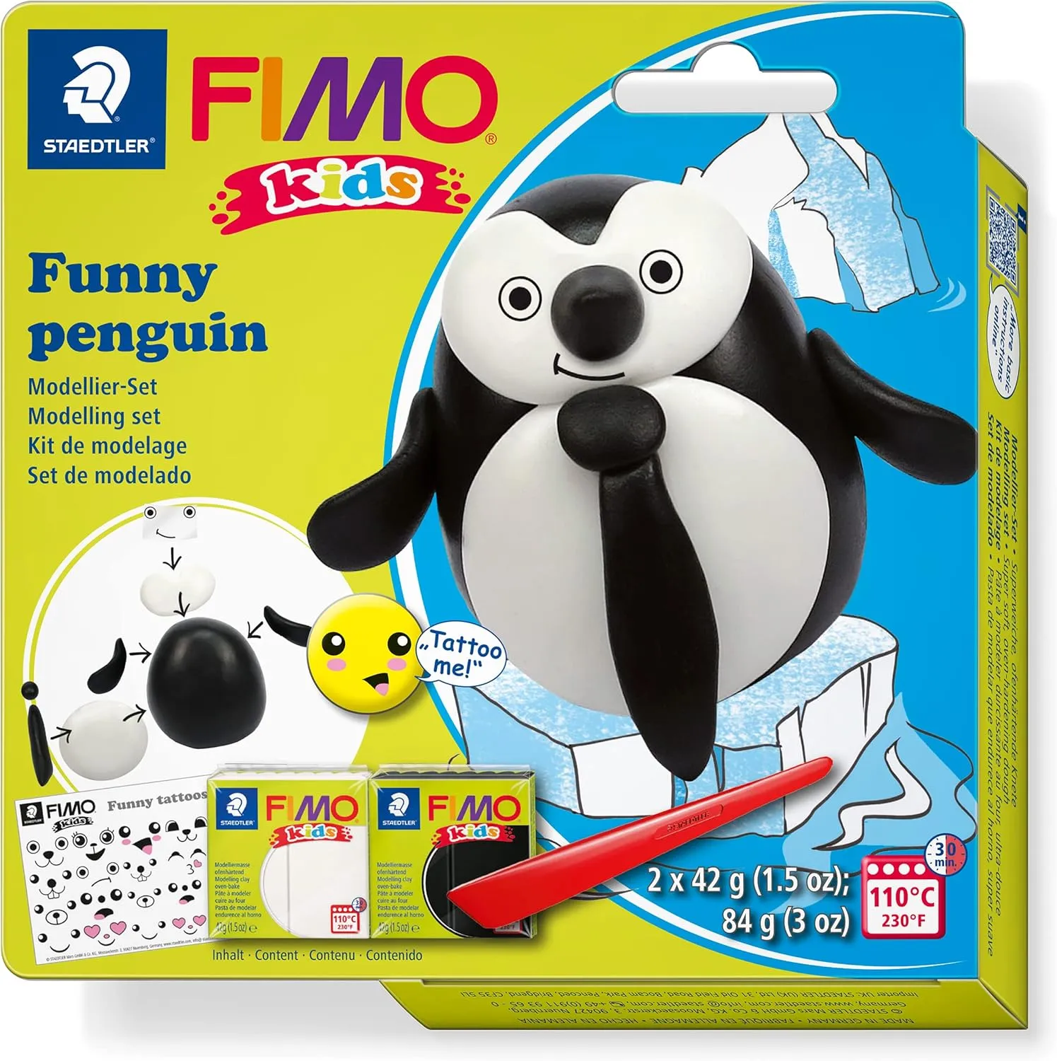 STAEDTLER 8035 18 FIMO Kids Modelling Clay Set - Funny Penguin (Pack of 2 FIMO Kids Blocks, Stickers & Modelling Tools)