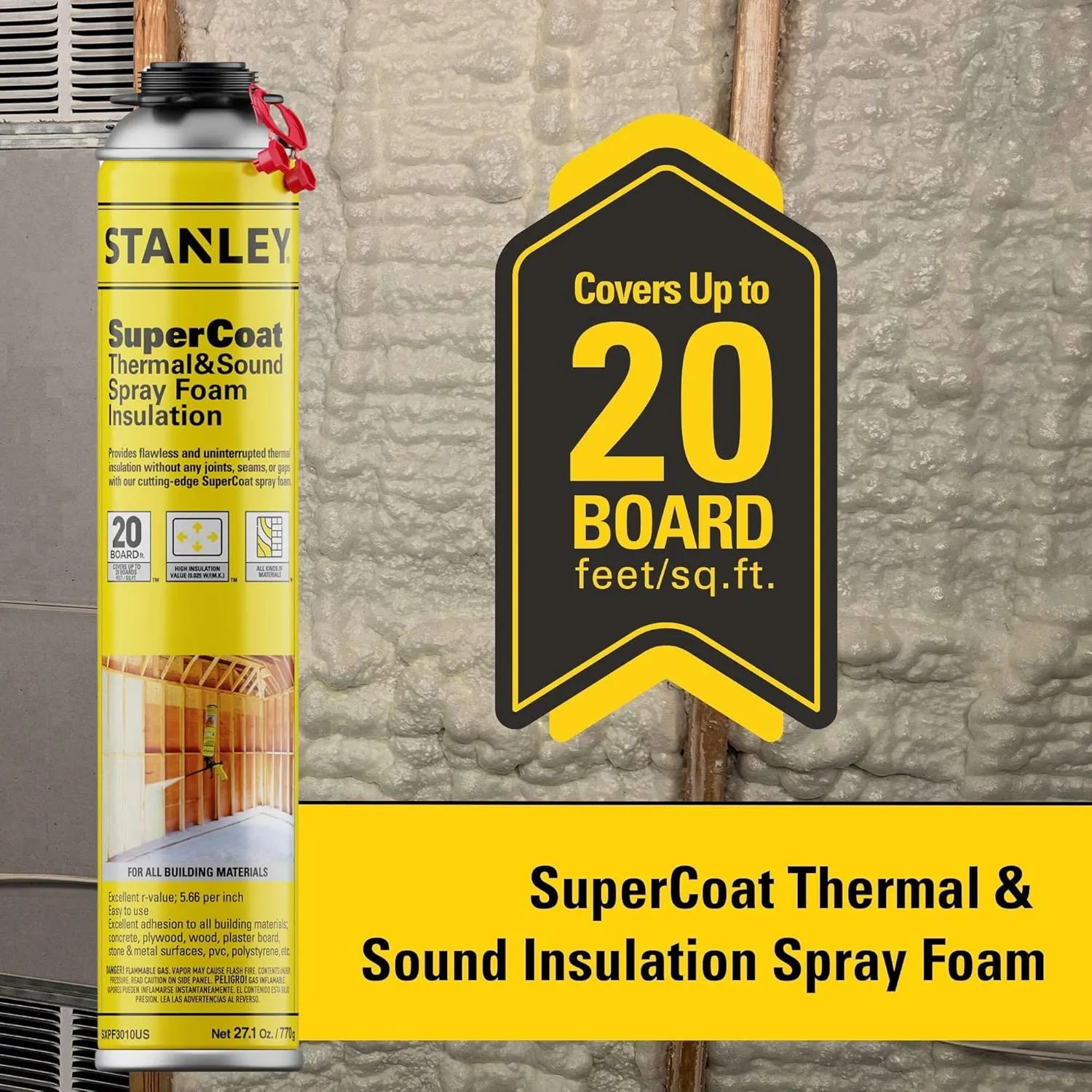 STANLEY Supercoat Spray Foam Insulation Kit - Closed Cell Spray Foam Covers Up to 240 Sq.Ft. - Including Gun, Cleaner, Safety Items - 27.1 oz, 12 Pack