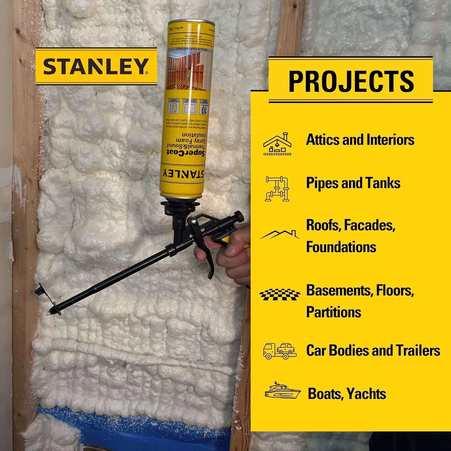 STANLEY Supercoat Spray Foam Insulation Kit - Closed Cell Spray Foam Covers Up to 240 Sq.Ft. - Including Gun, Cleaner, Safety Items - 27.1 oz, 12 Pack