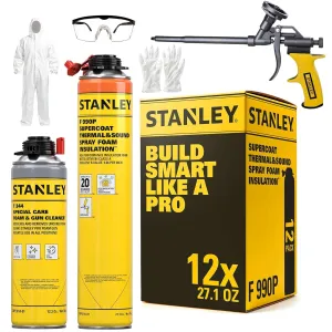 STANLEY Supercoat Spray Foam Insulation Kit - Closed Cell Spray Foam Covers Up to 240 Sq.Ft. - Including Gun, Cleaner, Safety Items - 27.1 oz, 12 Pack