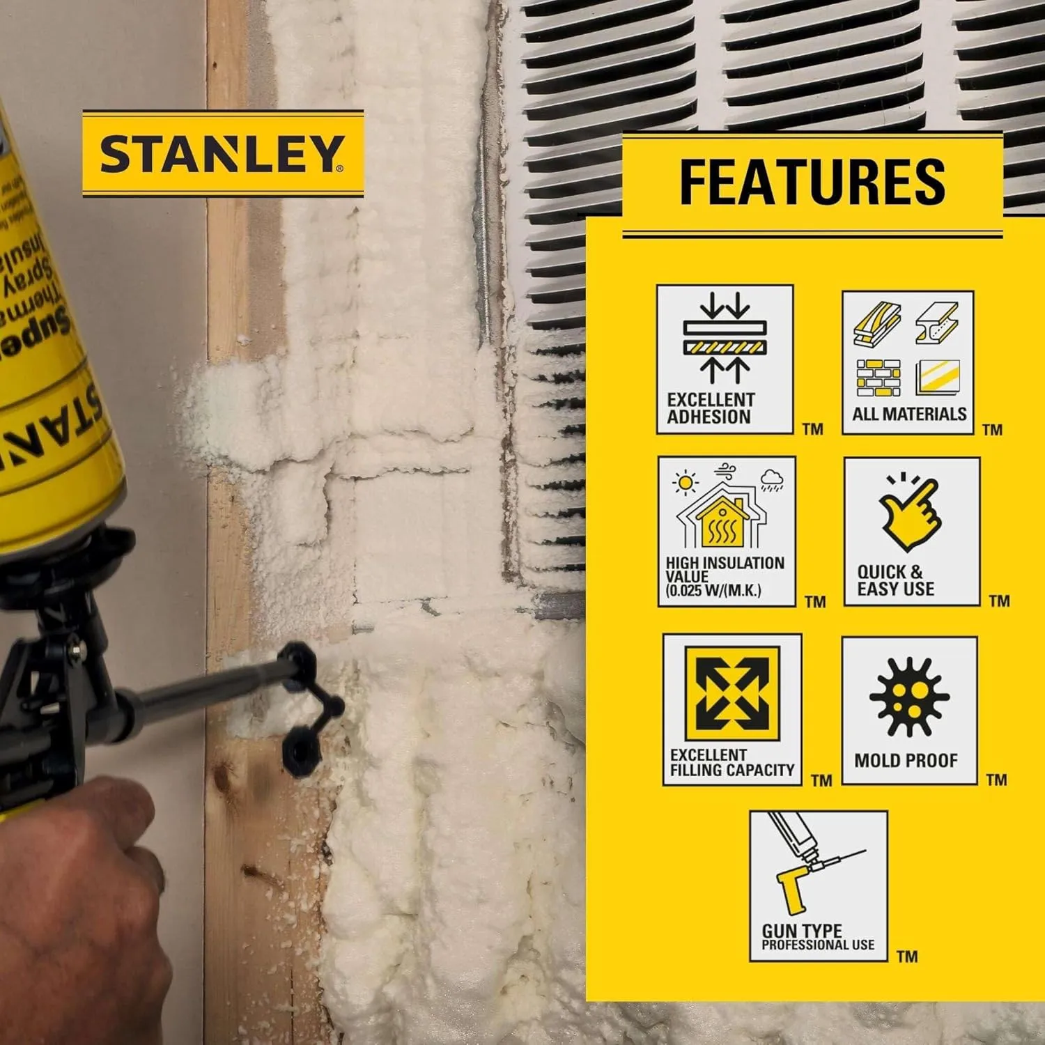 STANLEY Supercoat Spray Foam Insulation Kit - Closed Cell Spray Foam Covers Up to 240 Sq.Ft. - Including Gun, Cleaner, Safety Items - 27.1 oz, 12 Pack