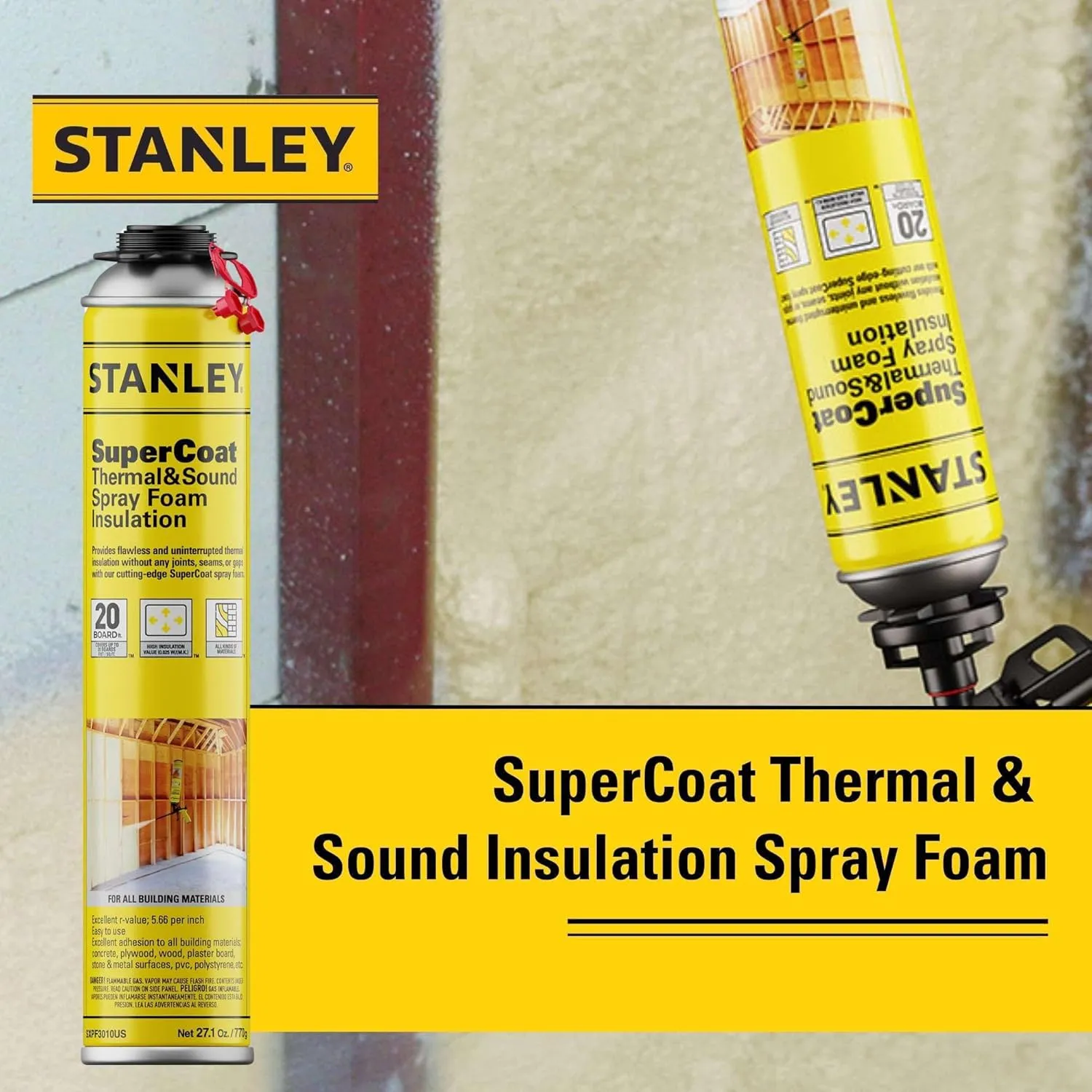 STANLEY Supercoat Spray Foam Insulation Kit - Closed Cell Spray Foam Covers Up to 240 Sq.Ft. - Including Gun, Cleaner, Safety Items - 27.1 oz, 12 Pack