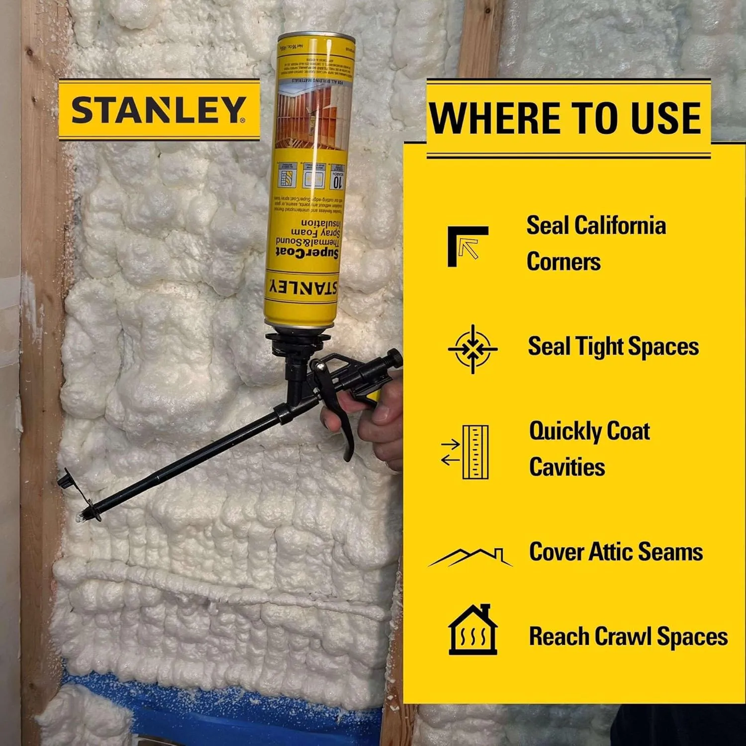 STANLEY Supercoat Spray Foam Insulation Kit - Closed Cell Spray Foam Covers Up to 240 Sq.Ft. - Including Gun, Cleaner, Safety Items - 27.1 oz, 12 Pack