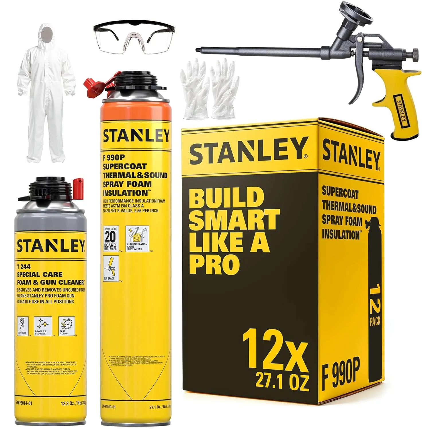 STANLEY Supercoat Spray Foam Insulation Kit - Closed Cell Spray Foam Covers Up to 240 Sq.Ft. - Including Gun, Cleaner, Safety Items - 27.1 oz, 12 Pack