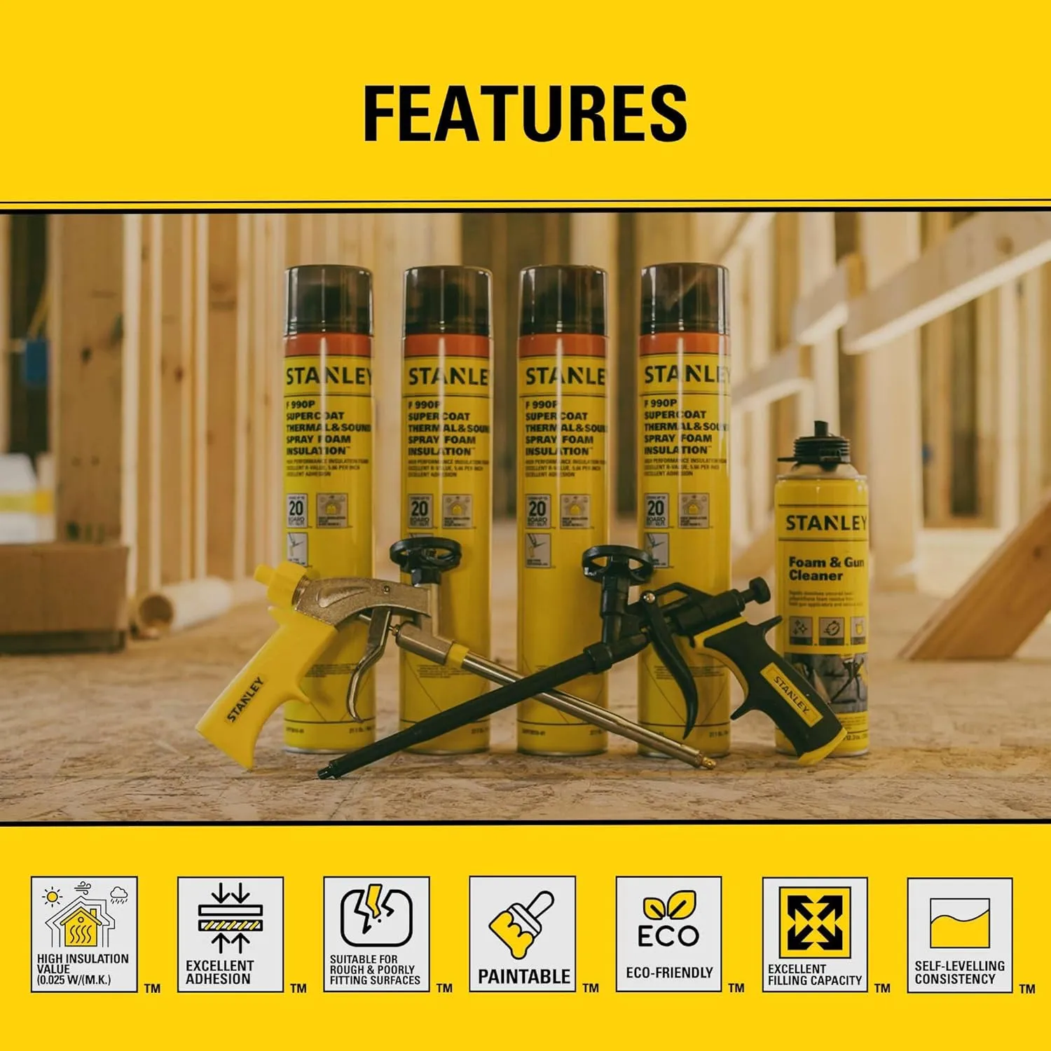STANLEY Supercoat Spray Foam Insulation Kit - Closed Cell Spray Foam Covers Up to 480 Sq.Ft. - Including Gun, Cleaner, Safety Items - 27.1 oz, 24 Pack