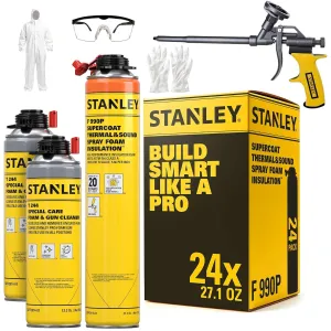 STANLEY Supercoat Spray Foam Insulation Kit - Closed Cell Spray Foam Covers Up to 480 Sq.Ft. - Including Gun, Cleaner, Safety Items - 27.1 oz, 24 Pack