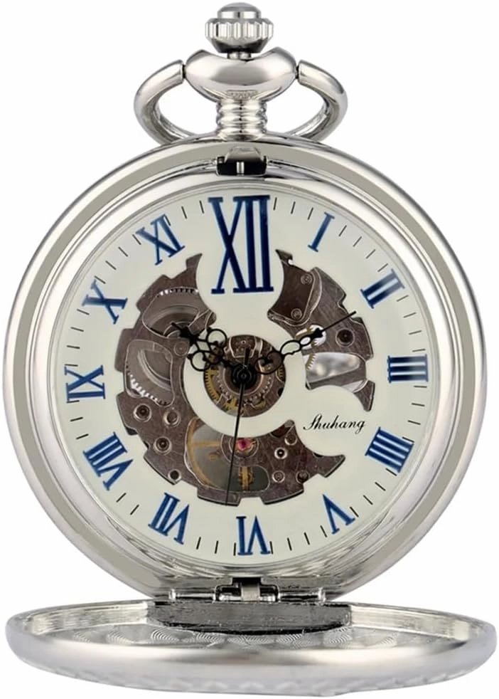 Steampunk Vintage Train Pattern Mechanical Hand-Wind Pocket Watch Black Pendant Antique Clock Manual Mechanism Pocket Watch for Men
