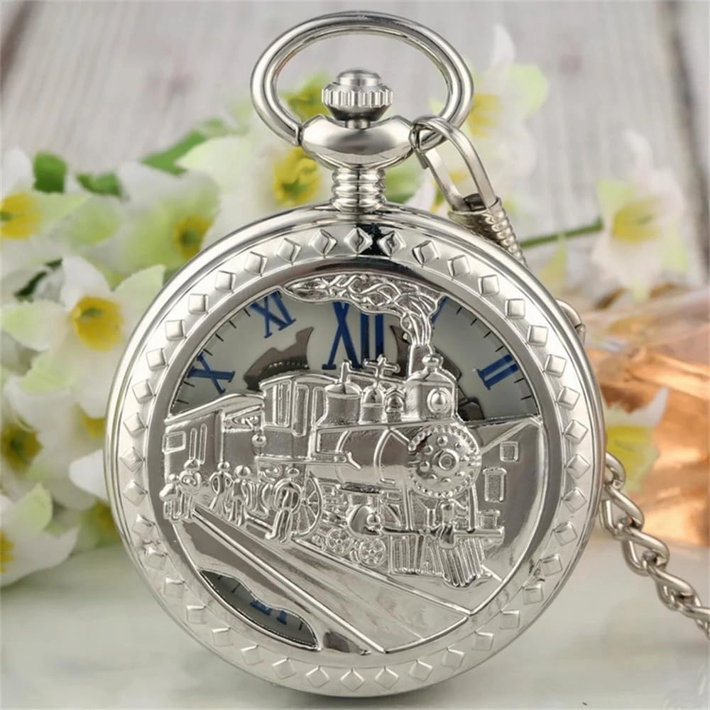 Steampunk Vintage Train Pattern Mechanical Hand-Wind Pocket Watch Black Pendant Antique Clock Manual Mechanism Pocket Watch for Men