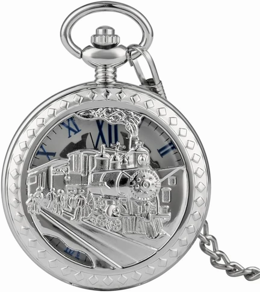 Steampunk Vintage Train Pattern Mechanical Hand-Wind Pocket Watch Black Pendant Antique Clock Manual Mechanism Pocket Watch for Men