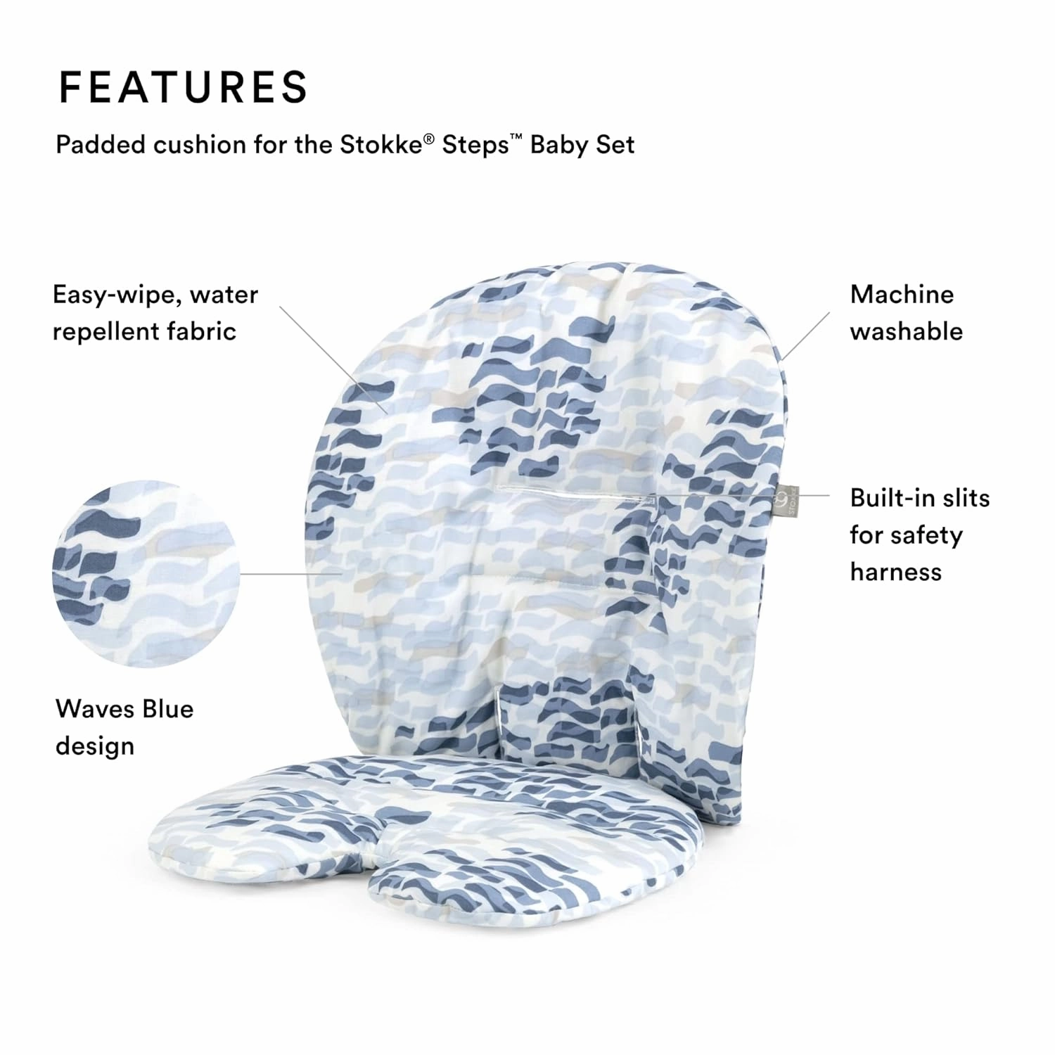 Stokke Steps Baby Set Cushion, Waves Blue - Comfortable Accessory Steps Baby Set - Soft, Easy-to-Clean, Water-Repellent Material - Machine Washable Cotton