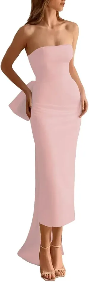 Strapless Mermaid Prom Dress with Detachable Bow Train Satin Cocktail Dresses Slit Formal Evening Gown for Women
