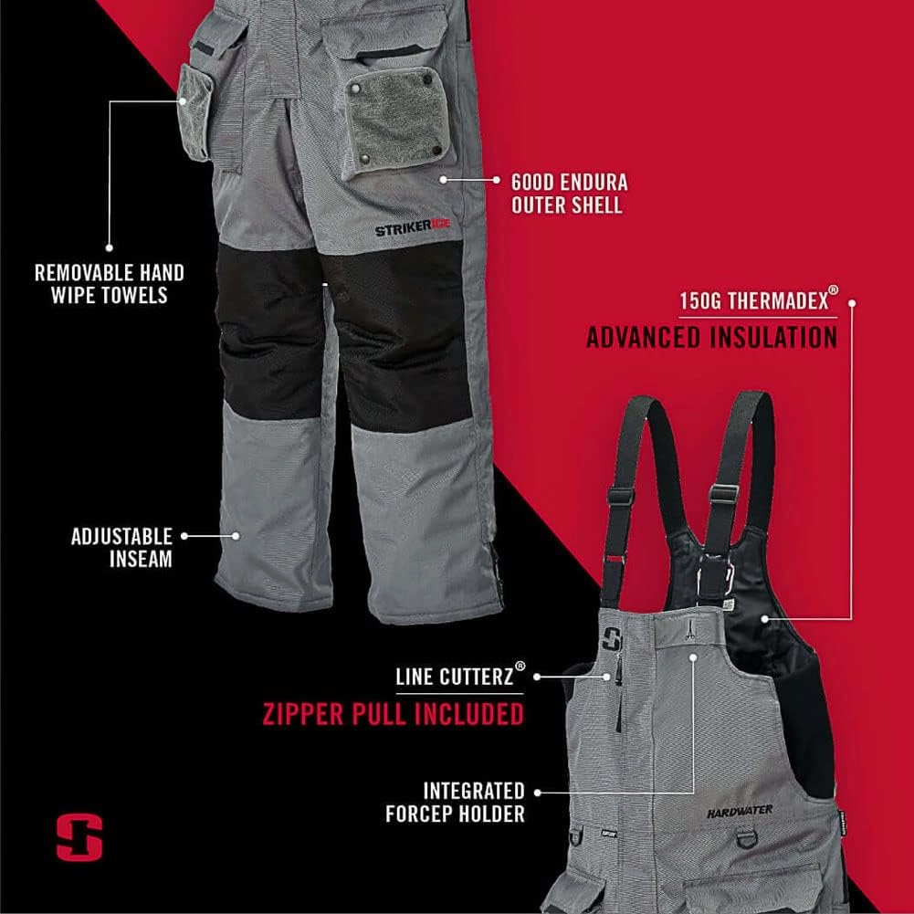 Striker mens Hardwater Durable Windproof Water-resistant Outdoor Ice Fishing Bib With Sure Flote Flotation Technology