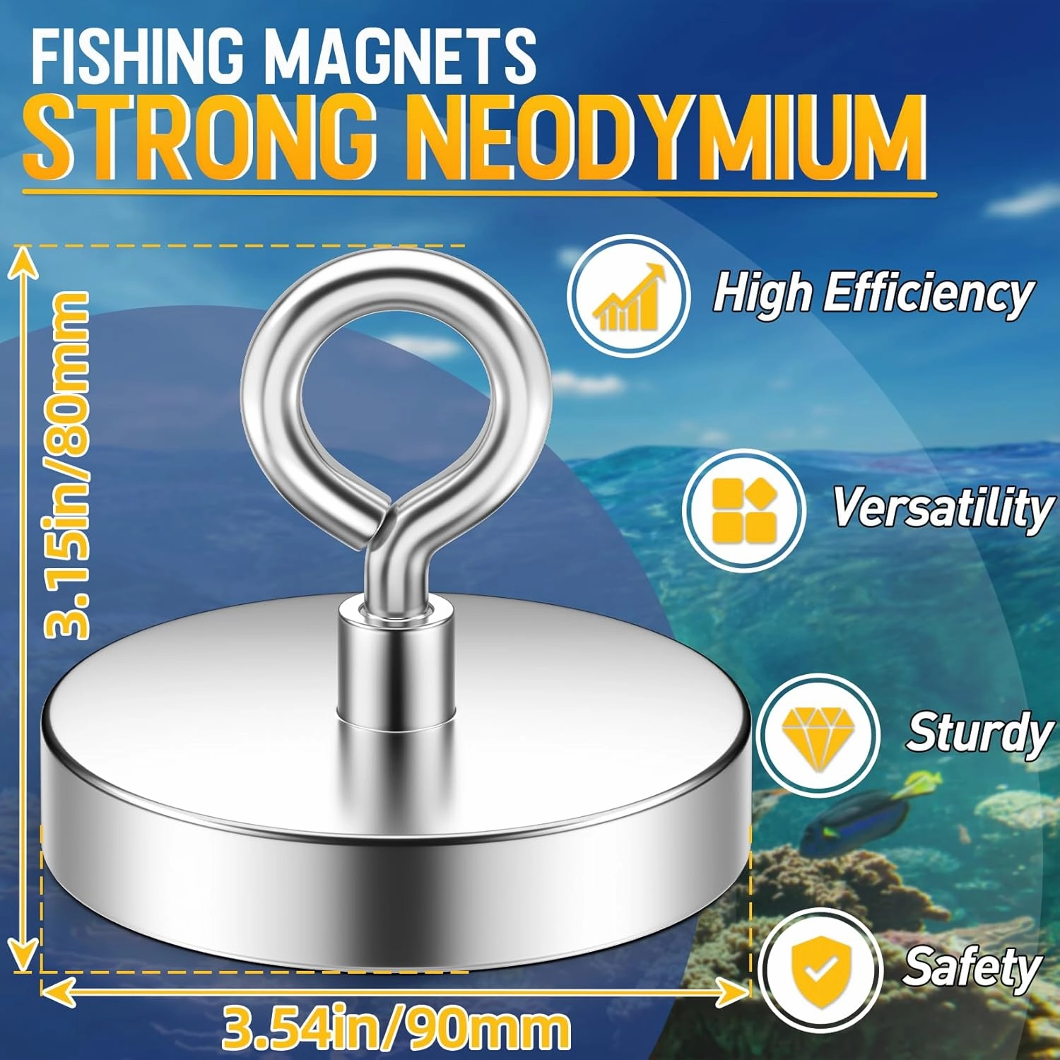 Strong Neodymium Fishing Magnets, 1000 lbs (453 KG) Pulling Power, Rare Earth Magnets, 3.54 inch (90mm) Diameter, Ideal for River Recovery and Magnetic Fishing Excursions