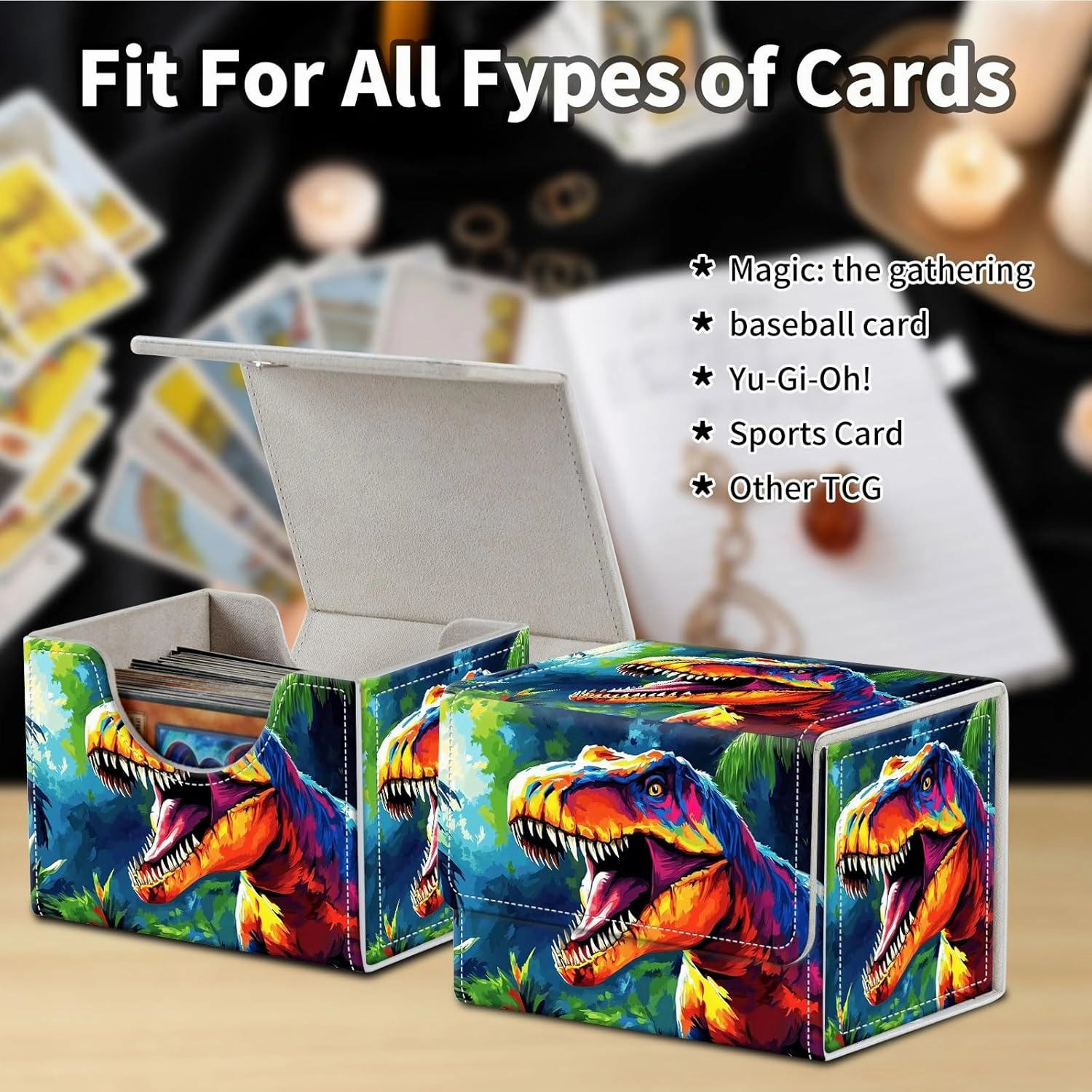 Stylish MTG Deck Box for 110  Cards, Magnetic Commander Deck Case with Bonus Game Card Pouch, Durable Storage for TCG and Sleeved Magic Cards, Colorful Dinosaur