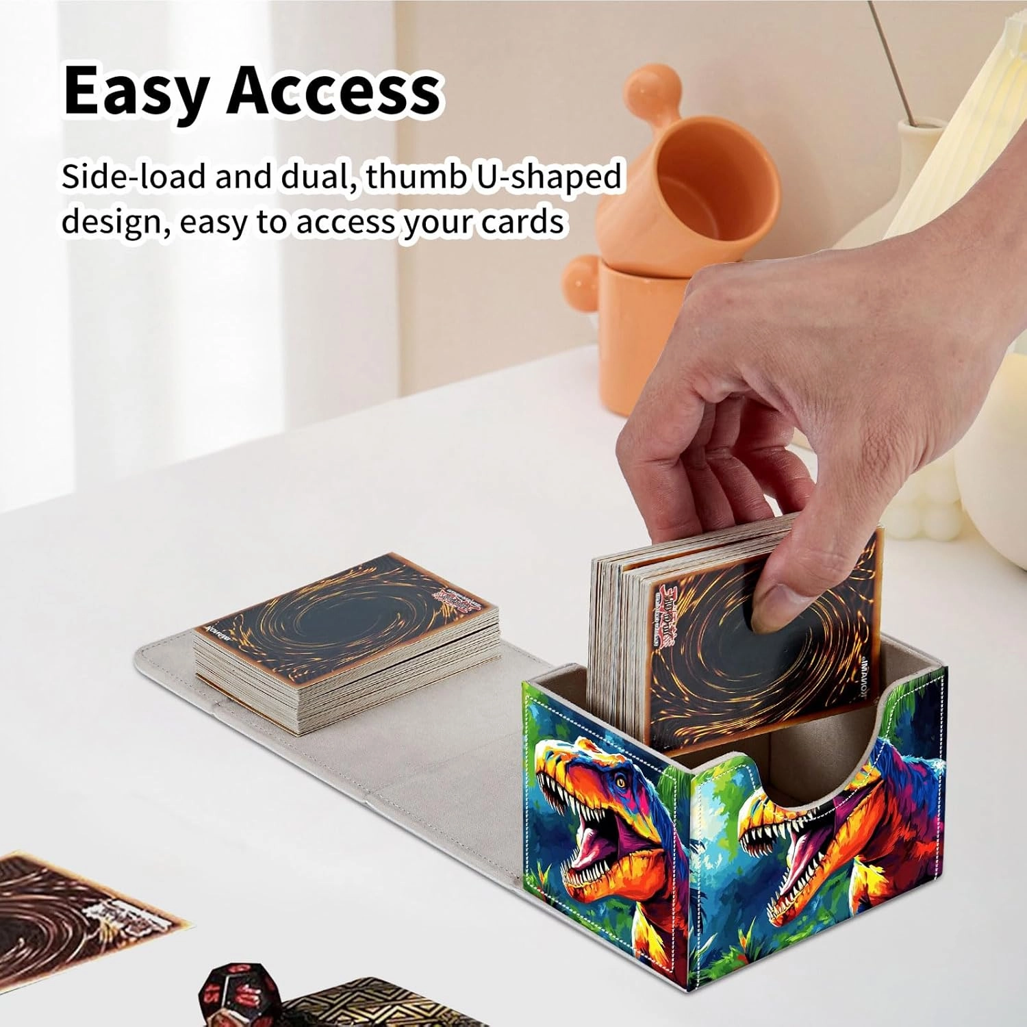 Stylish MTG Deck Box for 110  Cards, Magnetic Commander Deck Case with Bonus Game Card Pouch, Durable Storage for TCG and Sleeved Magic Cards, Colorful Dinosaur