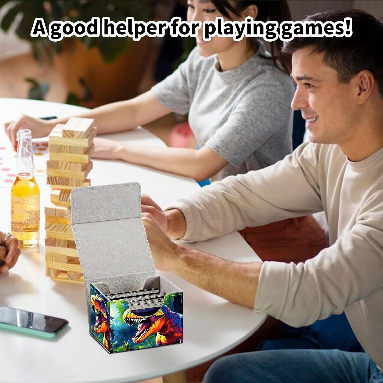 Stylish MTG Deck Box for 110  Cards, Magnetic Commander Deck Case with Bonus Game Card Pouch, Durable Storage for TCG and Sleeved Magic Cards, Colorful Dinosaur