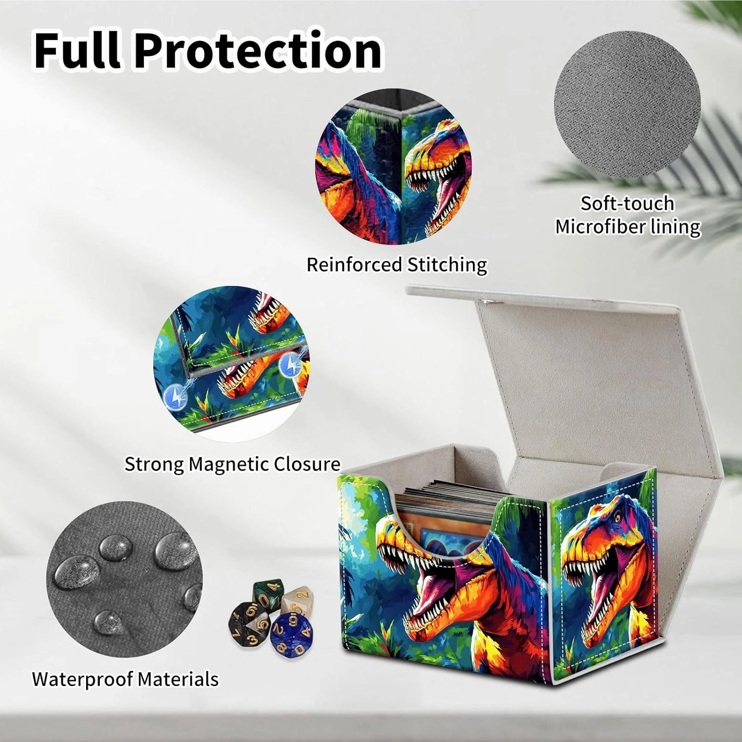 Stylish MTG Deck Box for 110  Cards, Magnetic Commander Deck Case with Bonus Game Card Pouch, Durable Storage for TCG and Sleeved Magic Cards, Colorful Dinosaur