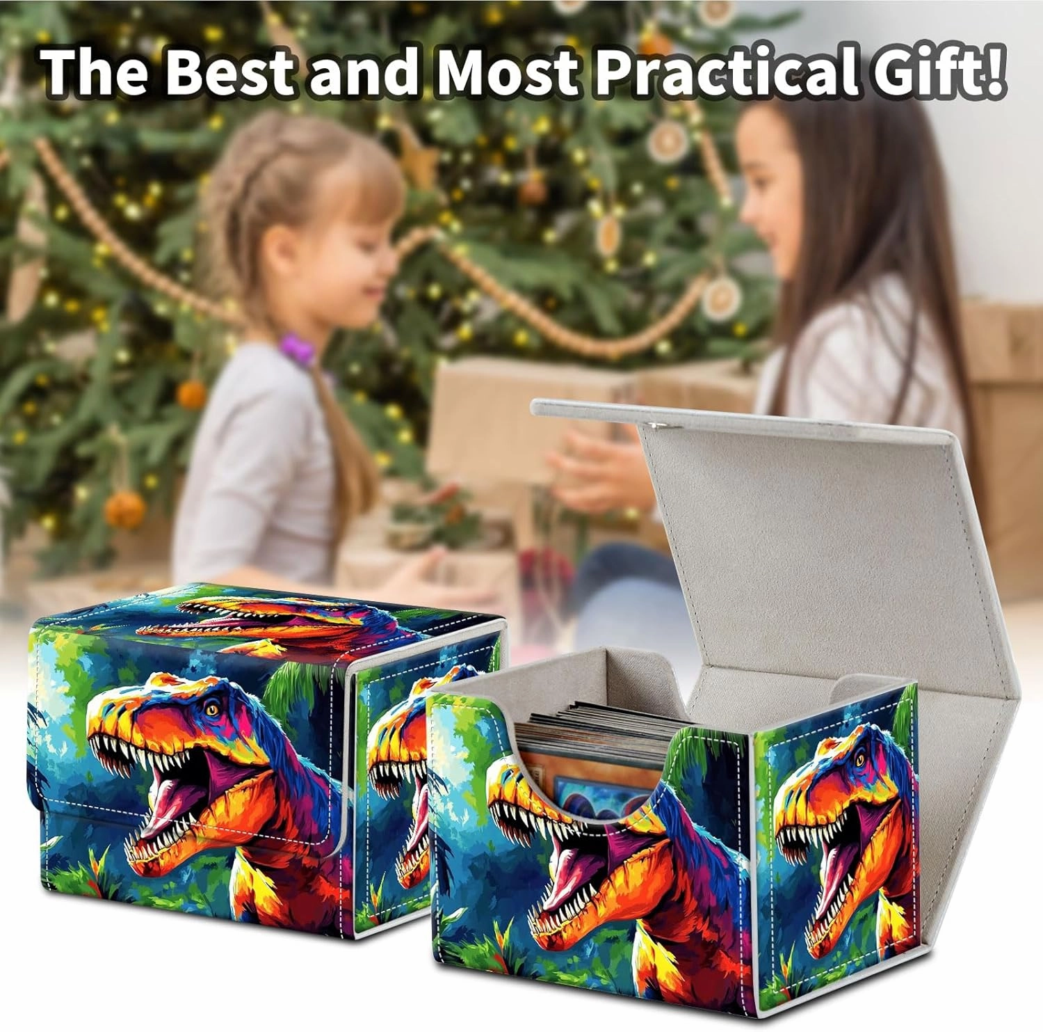 Stylish MTG Deck Box for 110  Cards, Magnetic Commander Deck Case with Bonus Game Card Pouch, Durable Storage for TCG and Sleeved Magic Cards, Colorful Dinosaur