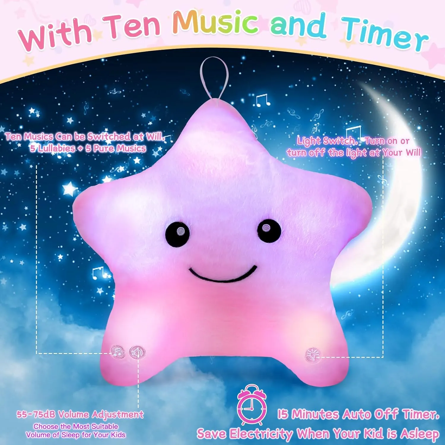 Subao Sensory Toys for Kids,14" Toddler Pillow With Light & Music,Twinkle Plush Star Night Light Cushion Autism Sensory Toys for Toddlers Age 3 4 5 6 7 8 9 10,Birthday Xmas Easter Gifts for Girls Pink