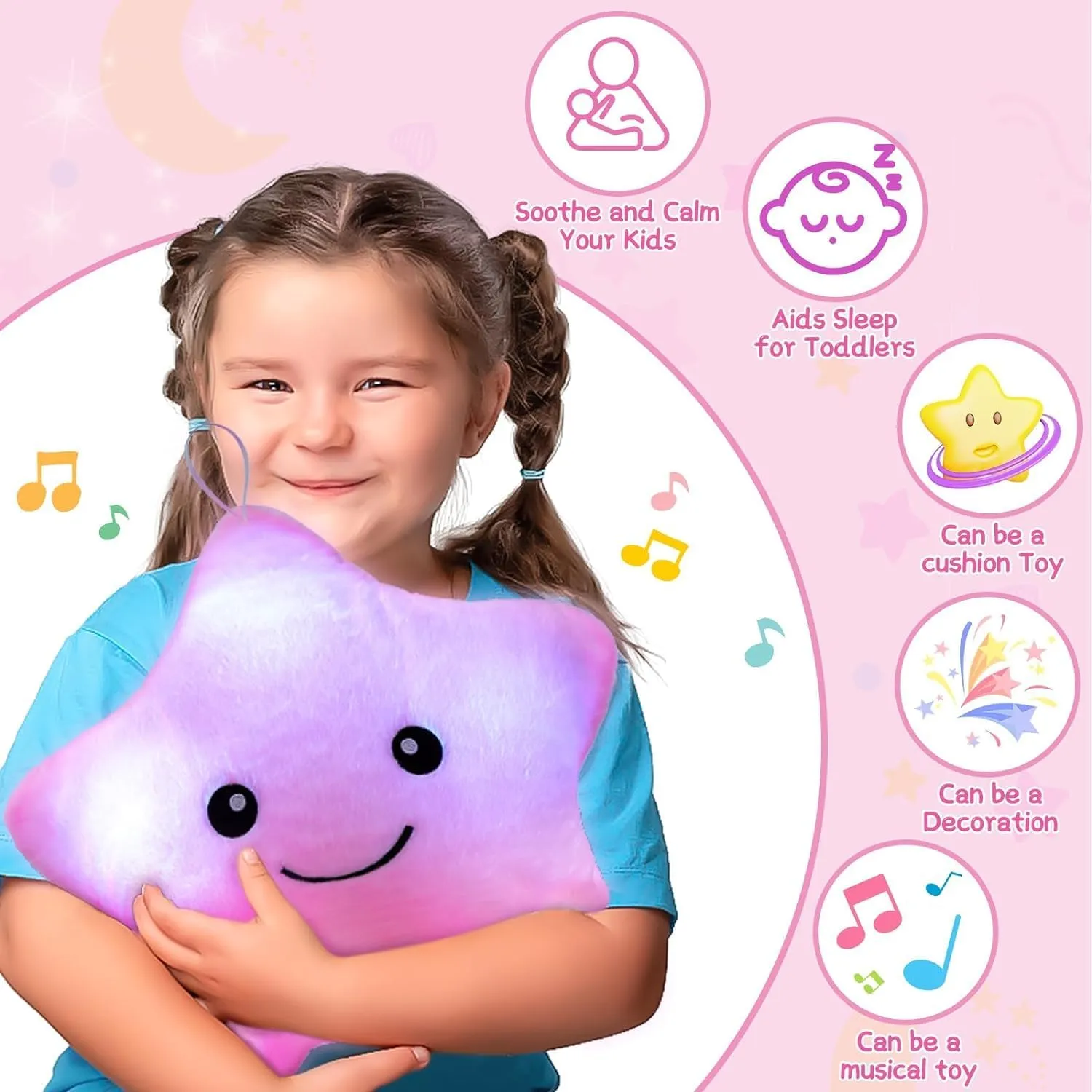Subao Sensory Toys for Kids,14" Toddler Pillow With Light & Music,Twinkle Plush Star Night Light Cushion Autism Sensory Toys for Toddlers Age 3 4 5 6 7 8 9 10,Birthday Xmas Easter Gifts for Girls Pink