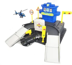 Sumac Rescue Station Kids Playset, 2 Level Parking Garage Police Role Play Toy Set with Car & Helicopter for Toddlers 3  (Blue)