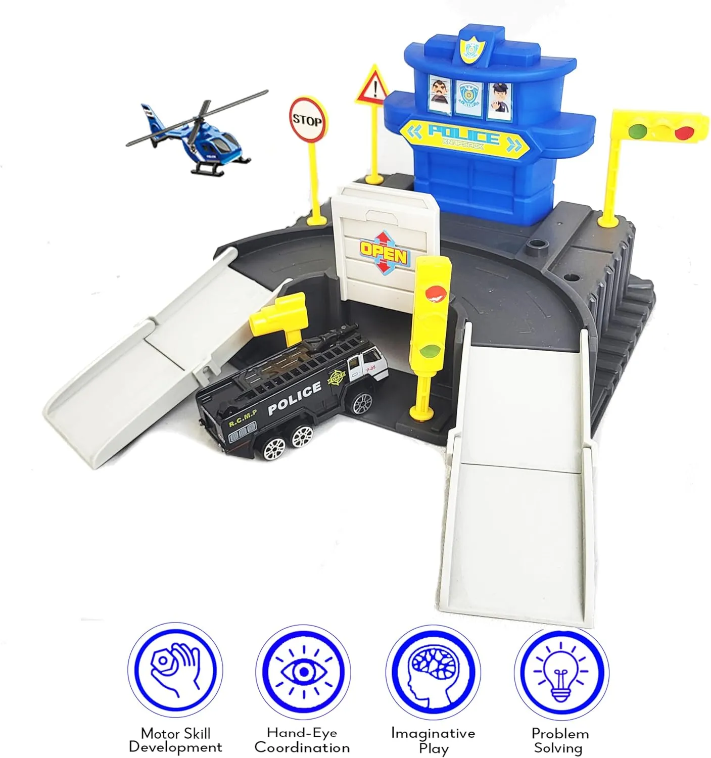 Sumac Rescue Station Kids Playset, 2 Level Parking Garage Police Role Play Toy Set with Car & Helicopter for Toddlers 3  (Blue)